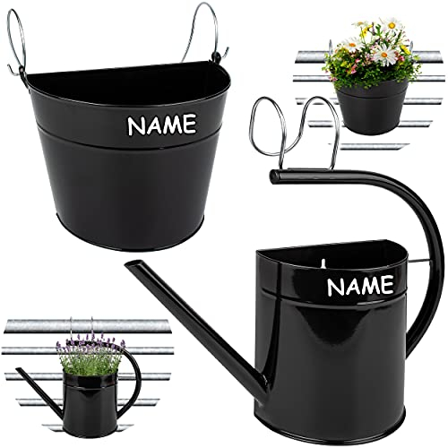 alles-meine.de GmbH 2 TLG. Set: Hänge - Töpfe Farbwahl Blumentopf/Wandvase/Hängetopf - inkl. Name - Ø 35 cm - Metall - schwarz - Gießkanne - HALB RUND - Hängend/mit Hak..