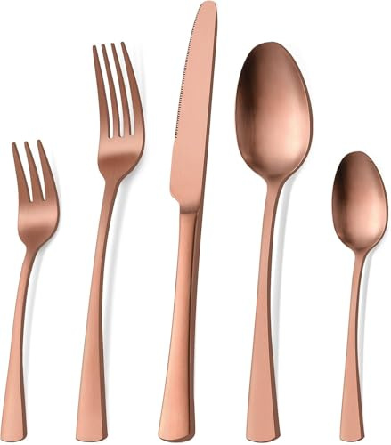 Bestdin Juego de cubiertos 30 piezas, set de cubiertos oro rosa mate para 6 personas, cubiertos de acero inoxidable pulido a espejo, juego de cuchillo, tenedor, cuchara, apto para lavavajillas