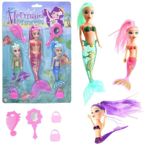 7 Piece Bath Time Toy Set - 3 Mermaid Princess Dolls with Bright Long Hair and Hair Brush & Mirror Accessories, Boys and Girls Ocean Themed Waterproof Toys, Ideal for Bath, Pool Pretend Fun Play