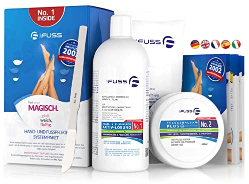 Mr. Fuss® No. 1 - Advanced Pack Steel - Groß, Nagelhaut- Hornhautentferner Sparpaket 4 tlg. Aktiv-Lösung Schnell & Stark erweichend - 500 ml, Balsam No. 2-200 ml, Watte, Edelstahl-Schaber