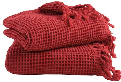 2 Stück Dünne Badetücher Leicht Schnell Trocknen - Original Türkische Waffeltücher für Hammam, Spa, Hamamtücher - Premium Baumwolle Waffelgewebe Handtücher (Rot)