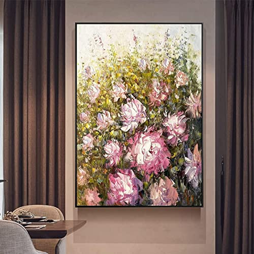 Ölbilder Auf Leinwand Handgemalt,100% Handgemaltes Acrylgemälde Extra Großes Kunstwerk Ölgemälde, Abstrakte Pfingstrose Blume Textur Original Kunstwand, Moderne Wandkunst Rahmenloses Cooles Bild