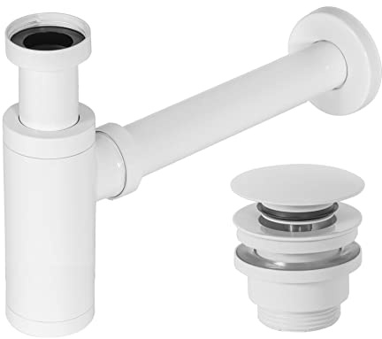Rea SIPHON AVEC BONDE DE LAVABO UNIVERSEL CLIC-CLAC WHITE Universel Syphon en Laiton pour Lavabo et Évier Salle de Bain (Blanc)