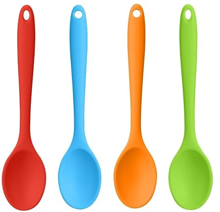 4Pcs Mixing Spoons Heat Resistant Silicone Serving Spoon Kitchen Baking Serving Spoon Silicone Cooking Spoons for Stirring, Mixing(Red, Green, Orange, Blue)