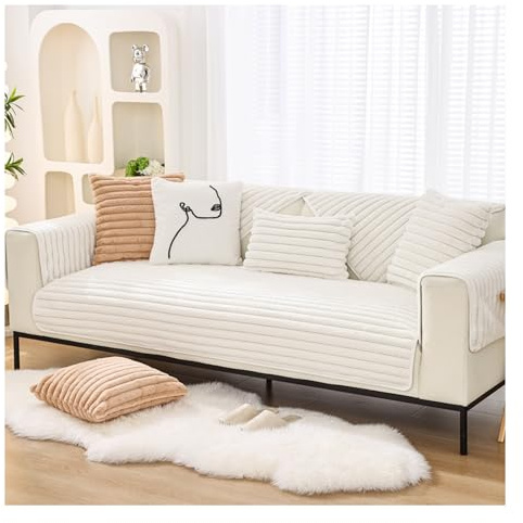Tauzveok Sofaschoner rutschfest, Kaninchensamt Sofaschoner, Für Sofa Überzug L Form U Form, Plüsch Sofabezug 3 2 4 1 Sitzer, Katze Hund Sofa Schoner,Weiß,110 * 160cm