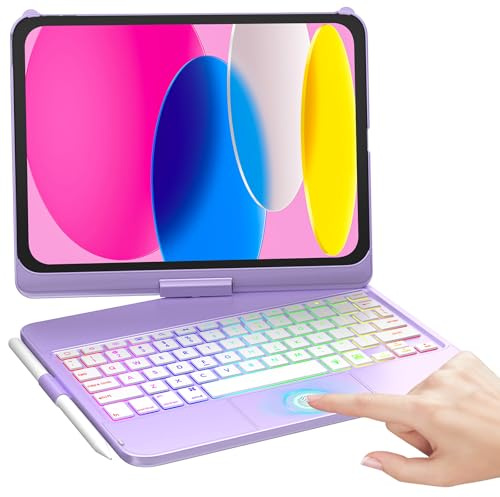 MMK Keyboard Case for iPad A16 11th Gen 2025 / 10th Gen 2022 (11/10.9 inch) | Case with Keyboard Multi-touch Trackpad, 7 Color Backlight, 360°Flip Hard-shell with Pencil Holder, UK Layout, Purple