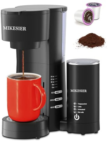 MIKESIER - 3 in 1 coffee maker for K cup and grounds, small coffee machine with milk frother, 6-14 oz beer size, 28 oz water tank, adjustable drip tray