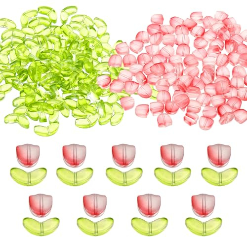 PATIKIL Tulip Flower Crystal Glass Beads, 200 Pack Flower Bead Handcrafted Glass Spacer Bead for Jewelry Making Bracelet Earring, Light Red/Green