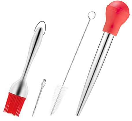 Hoement 4pcs Stainless Steel Turkey Baster Set with Cleaning Brush Silicone Oil Brush and Seasoning Tube for Flavoring Meat and Poultry for Grilling and Roasting Red