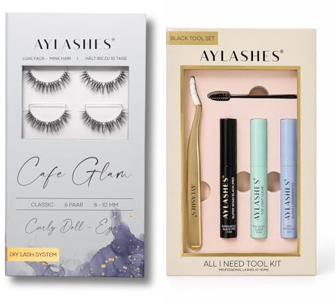 AYLASHES - DIY Wimpernextensions Starter Set CAFE GLAM | 6 Paar Wimpern, Applikator, Wimpernkleber, Top Coat Sealer schwarz, Lash Remover | Wimpern DIY Set für zu Hause | bis zu 7 Tage Halt