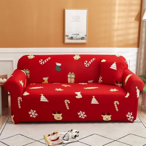 Mateju Sesselbezug Stretch Sofa Überzug Druckt Sesselhusse mit Armlehne, Sessel Bezug Sesselbezüge Abnehmbar und Waschbar Antirutsch Hussen Für Sessel (4-Sitzer 235-300cm,rote Weihnachten)