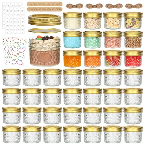 EkkoVla 4 oz Glass Mason Jars, 40 Pack Regular Mouth Mini Canning Jars for Caviar, Honey, Jam, Jelly, Body Butters, Spice, DIY Candle (Golden Lid and Bands)