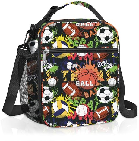 Clastyle Bolsa Termica Porta Alimentos Infantil Deportivo Bolsa Almuerzo Bebe Pequeña Portátil Bolsa Comida Niños para Escolar Picnic, Baloncesto Negro