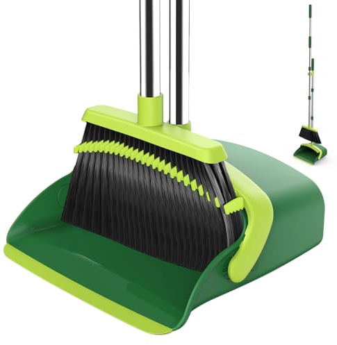 NACENA Broom and Dustpan Set with 52-in Long Adjustable Handle, Green | Broom Dustpan Combo with Dustpan Teeth to Automatically Clean Hair Suitable for Home Kitchen Office Hall Floor