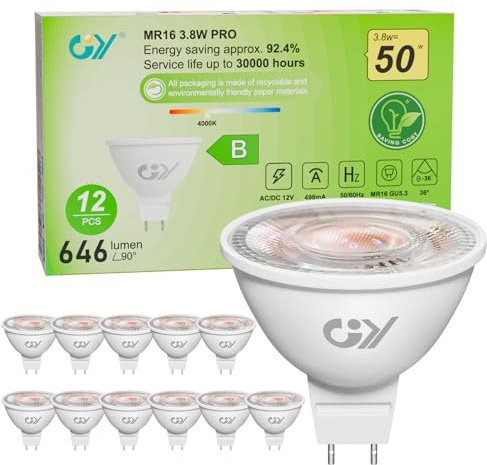 GY Ampoules LED GU5.3 MR16 12V Classe B, 646LM Blanc Neutre 4000K，3.8W Équivalent 50W 36° Angle LED Spot (Faisceau Étroit), Efficacité Energétique, Non-Dimmable,Pas de scintillement, Lot de 6