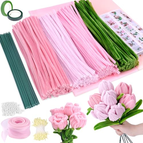 Dreamtop 400 Piezas Limpiapipas Manualidades, 4 Colores de Limpiapipas, Alambre de Chenilla con Perlas, Estambres, Rollo de Papel de Embalaje, Instrucciones