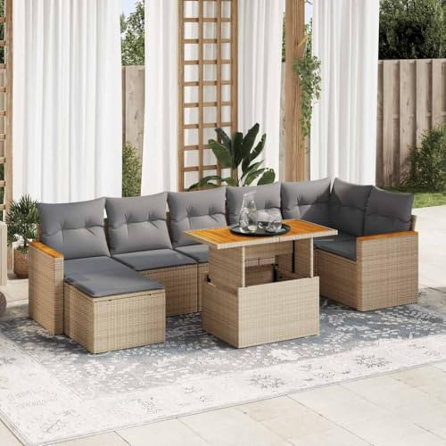 WSJHUHK Möbel, Outdoor-Möbel, Gartenmöbel-Sets, 8-teiliges Gartensofa-Set mit Kissen, Poly-Rattan-Akazie, Beige