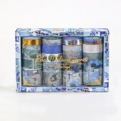 MSLSOZ Set di nastri washi 24 nastri decorativi vintage, motivi esclusivi, 5 dimensioni (1 oro, 1 argento) - perfetti per scrapbooking, journaling, DIY e regali(Blu)