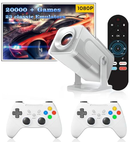 Projecteur de jeu avec 2 manettes de jeu Mini projecteur avec Wifi et Bluetooth Home Cinéma Bureau Extérieur Projecteur portable intelligent intégré Plus de 20 000 jeux rétro intégrés (1)