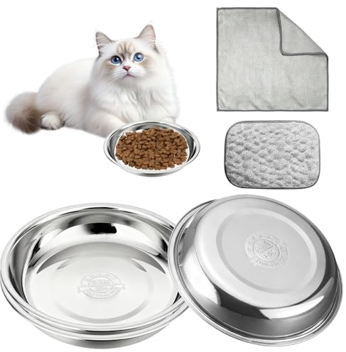 Katzennäpfe aus Edelstahl, 14 cm, Metall-Katzen-Futternapf, Metall-Katzennäpfe mit Tüchern, Schnurrhaar, Ermüdungslinderung, Edelstahl-Ersatznapf für Katzenständer, spülmaschinenfest und leicht zu