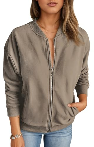 Timuspo Sweat zippé pour femme, veste de mi-saison, veste de printemps et d'automne, veste à col universitaire, veste bomber de couleur unie, marron clair, M