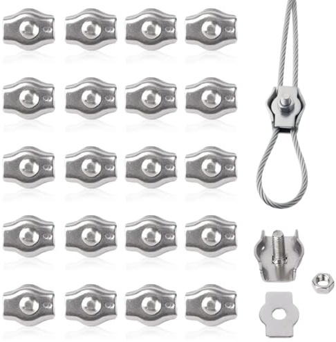 JEYORZY 20 Pezzi morsetti per fune metallica, morsetto per fune in acciaio inox 304, morsetto per cavo in acciaio inox 304, morsetto per cavo in acciaio inox fissaggio Cavi in Acciaio e Funi (M4)