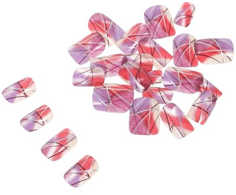 Healeved 24 Kurze Künstliche Fingernägel für Frauen zum Aufkleben Quadratisch Kunststof mit Glänzendem Finish und Silberner Linienoptik Elegantes Design für Alltag und Zuhause