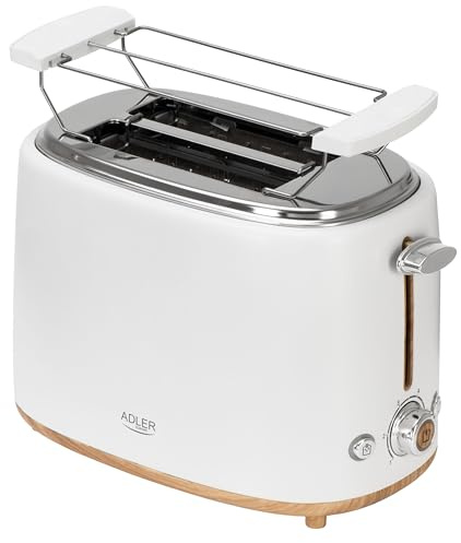 Adler Toaster Weiß für 2 Scheiben – Perfekt knuspriger Toast dank 6 Stufen & Brötchenaufsatz | Mit Auftau- & Aufwärmfunktion, Stopp-Taste & Krümelschublade | Ideal für Singles & Familien