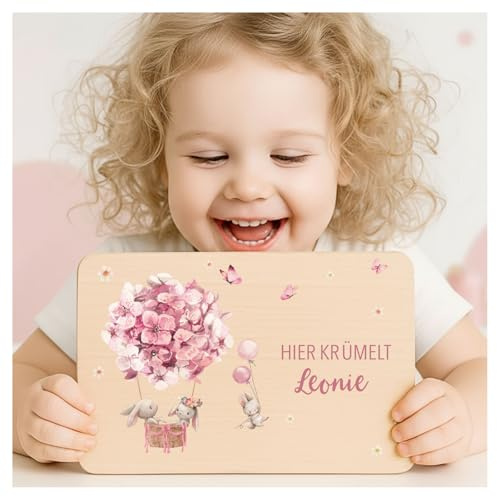 Little-Deco Bedrucktes Frühstücksbrettchen aus Holz, Personalisiert mit Namen, Individuelles Brettchen mit Tieren, Taufgeschenk und Babygeschenk für Mädchen XFL1022