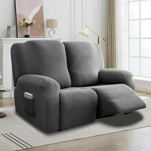 6-Teilig Sesselbezug, Sessel Überzug, All-Inclusive Sesselschoner für Relaxsessel, Sesselschoner für Fernsehsessel, Komplett Sesselbezug, Stretch Sessel Überzug mit Taschen (Dunkelgrau-Zweisitzer)