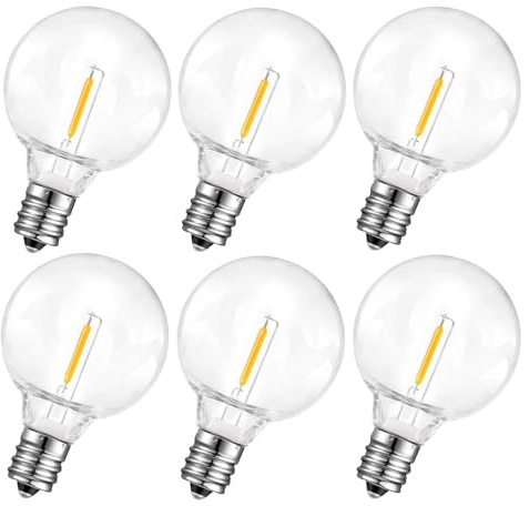 ROMANJOY G40 LED Bulbs Outdoor Solar Powered Shatterproof, 3 Volts, 6Pack | G40 Low Voltage DC 3V Bulbs with E12 Base for Solar String Light Replacement, 2700K Soft Warm Solar Bulb