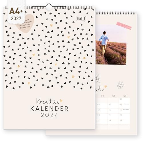 Häfft® Foto-Kalender zum Selbstgestalten 2027 A4+ Golden Hearts | Kreativkalender - viel Platz für Bilder, extra dickes 170 g/m²-Papier, bundesweite Feiertage - Bastelkalender zum Aufhängen