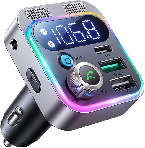 Joyrom Trasmettitore FM per Auto JR-CL16, Bluetooth con Caricatore USB e USB-C da 48W, Display LED, Luci RGB, Nero