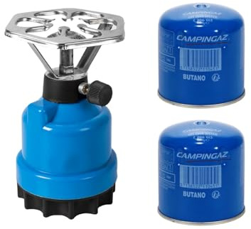 EMPOTEC 506200 Mini Fornello a Gas Butano Portatile Accensione Tradizionale 1500W Fornellino Leggero Regolatore Fiamma per Campeggio incluso 2 Bombole Cartucce Butano 190 gr C206 Monofiamma