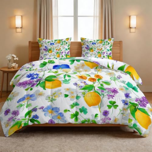 Generiskt täcke 200 x 200 cm 4 årstider – lantlig frukt sommar täcke, tvättbar barnfilt utan överdrag – citron blommor gren – barnsängkläder med 2 örngott