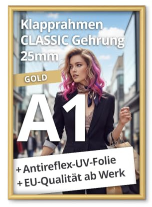 net-xpress® A1 Klapprahmen DIN A1 Plakatrahmen 25 mm gold | mit Antireflex-UV-Folie | Posterrrahmen aus Alu mit Gehrungsecken | inkl. Schrauben & Dübel | Wechselrahmen A1 Klapprahmen gold