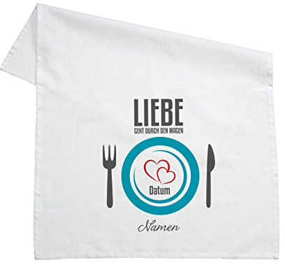 Herz & Heim® Geschirrtuch 100% Baumwolle 45 x 70 cm - Liebe geht durch den Magen - mit Aufdruck Ihrer Namen und Datum Weiß
