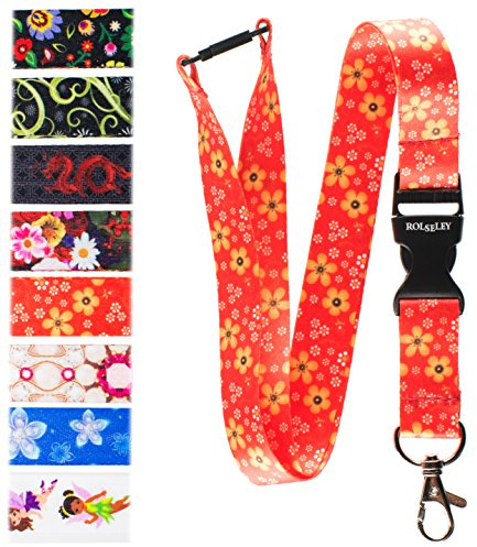 RolSeley Courroie de Cou de Lanière Rouge avec Motif Fleur Jaune Floral - Tour de Cou porte Badge avec Clip Métal Amovible et Clip de Sécurité Idéale Pour Les Clés de Badge D'identification