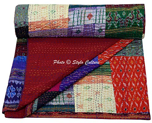 Tradicional étnico bordado kanthra indio colcha doble arte seda Reversible, diseño vintage patchwork manta ropa de cama cubierta de cama sobrecama por Stylo cultura