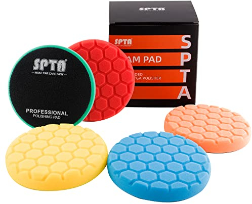 SPTA 5pcs Polishing Pad Hex Logic Polishing Sponges Saving Wax Replaceable Car Polishing Pad Foam Set For Eccentric Polishing Machine Grinder - Car Polishing Professional Set (6 inch)
