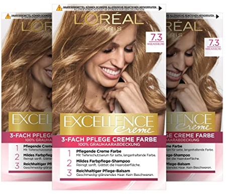 L'Oréal Paris Excellence Cream Permanent Hair Colour, 100% Grey Hair Coverage, Hair Dye Set with Colouration, Shampoo and Triple Care Cream, 7.3 Hazelnut Blonde, 3 x 268 g
