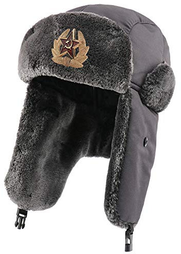 Russen Mütze Herren Russland Hut wasserdichte Bomber Hüte Pilot Trapper Soldat Hut Winter Ohrklappe Männer Schneekappen-Grey_Soviet_Badge