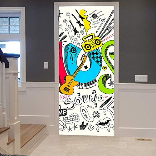 A.Monamour Türtapete Selbstklebend Türfolie Türposter 3D Musik Graffiti Kritzeleien Hintergrund Abstrakte Kunst Vinyl Folie Türdeko Tapete Wandbild Türaufkleber Türtattoo 90 x 200 cm