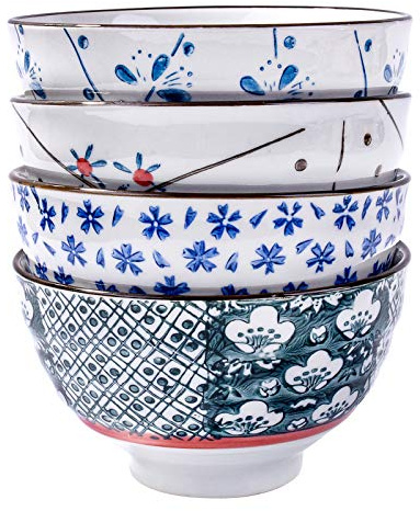 Japanese Ceramic Rice Bowl Set of 4 Asian Porcelain Sushi Bowls for Soup Salad Snack