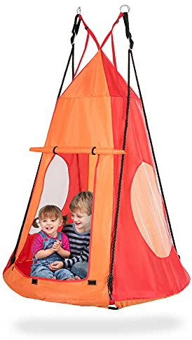 GIANTEX Nestschaukel Outdoor mit Zelt, Kinderschaukel bis 150 kg belastbar, Gartenschaukel Ø 100 cm für Kinder & Erwachsene, Hängeschaukel höhenverstellbar, Tellerschaukel mit Tür & Fenster (Orange)