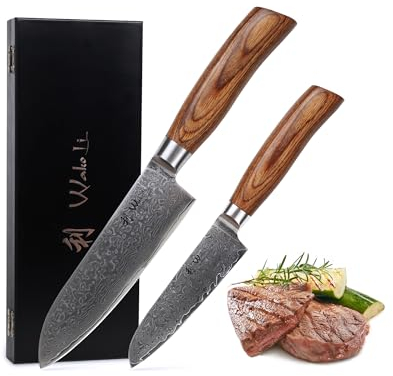 Wakoli EDIB Pro Damast Santokumesser-Set | 2-teilig, 16/11 cm aus 67 Lagen Damaststahl mit VG10-Kern | ergonomischer Pakkaholzgriff | für Fleisch & Gemüse | in Geschenkbox für Profi- & Hobbyköche