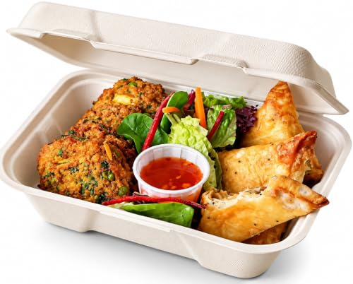 BH | 25 x Bagasse Takeaway Burger Box - 9 X 6 | Biodegradable and Compostable Recyclable Clamshells Food Box | Made from Natural Sugarcane for Sandwich Burger Cake Dessert - By BEST HOUSE