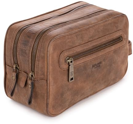 Berliner Bags Vintage Kulturbeutel Max, Große Kulturtasche aus Leder, Waschtasche mit 2 Fächern, Kosmetiktasche zum Reisen, für Damen und Herren – Braun