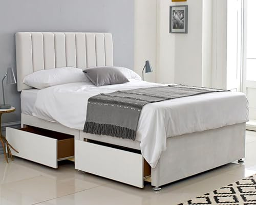 ComfoRest 4FT6 Double Bed with Mattress and Storage Drawers - White | Made in Britain, 136.5 x 190.5cm, Stripe headboard. Orthopaedic, medium-firm 4FT6 mattress included. White Plush Fabric