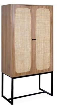 Retro Geschirrschrank mit dunklem Holzdekor und Rohrgeflecht 2 Türen mit schwarzen Metallbeinen - 165 cm - Retro